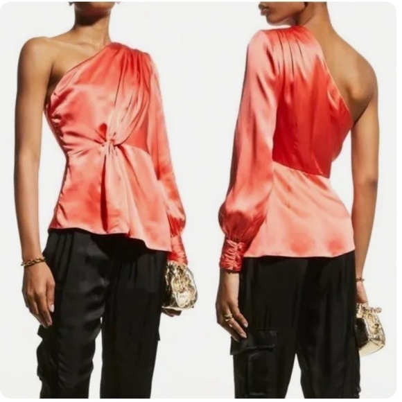 NWT Cing a Sept Stace One-Shoulder Silk Top in Neon Coral - Picture 16 of 16